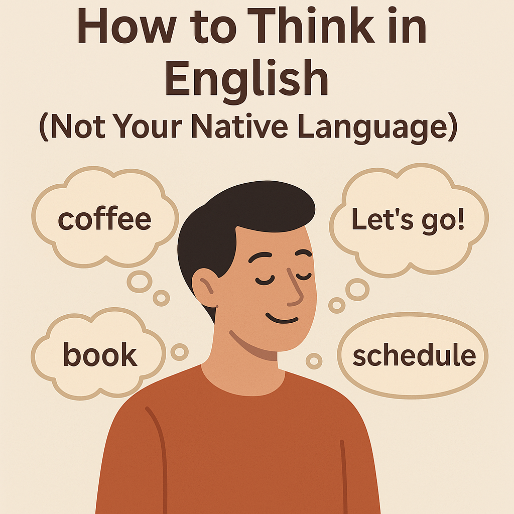 man thinking in english with speech bubbles around his head.